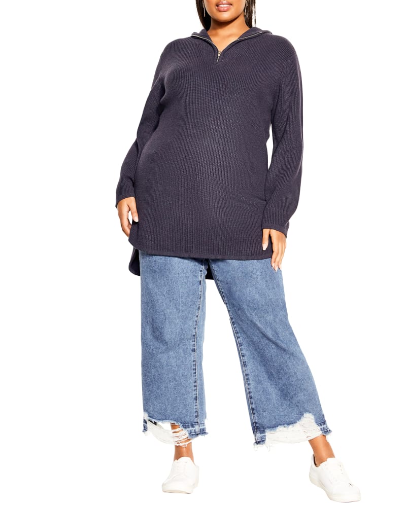 Front of a model wearing a size XXS JUMPER LILY HOOD in Navy by City Chic. | dia_product_style_image_id:252432